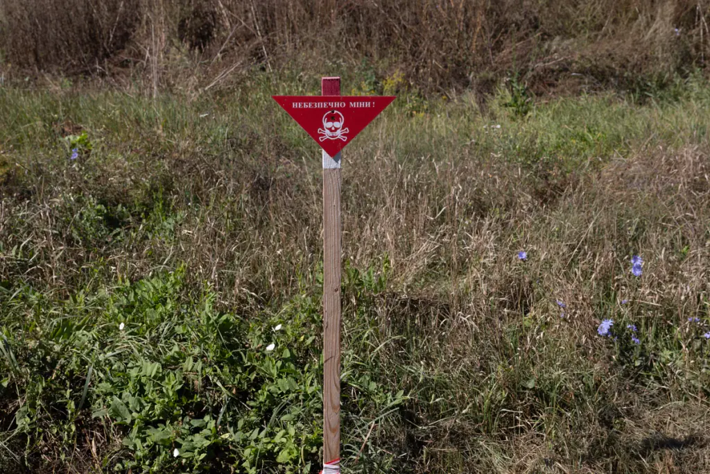 Mine-warning sign staked at the edge of an abandoned field near Yahidne, Chernihiv Oblast