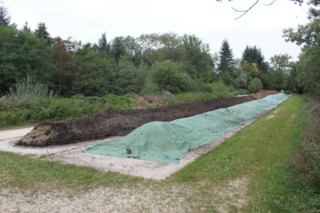 Two long compost windrows on a concrete pad, one under a green fleece cover