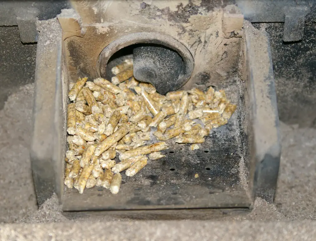 The burn pot of a pellet stove holding a handful of pellets, with the feed auger behind it