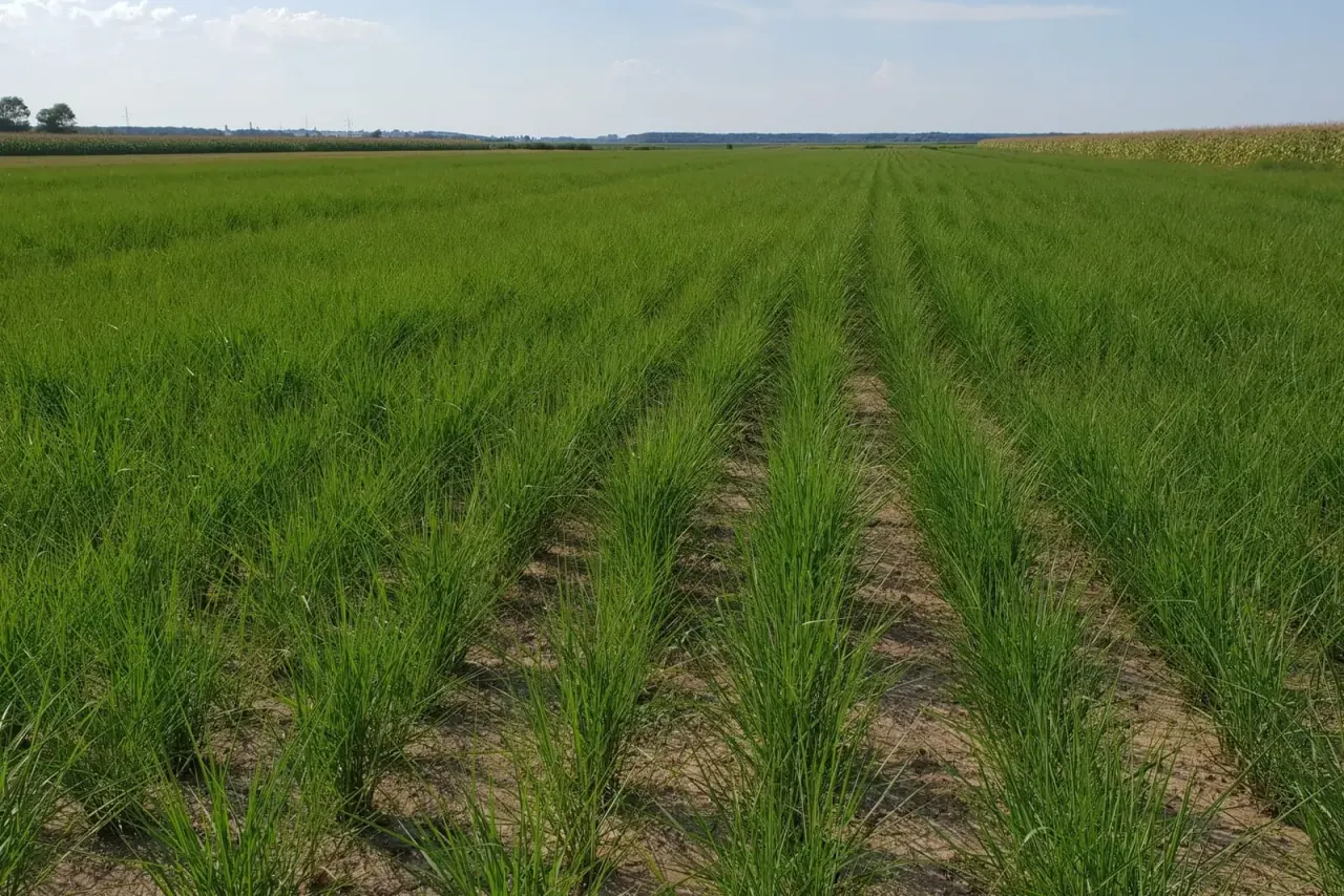 A young miscanthus field of ours in summer, planted in straight rows with bare soil still visible between them